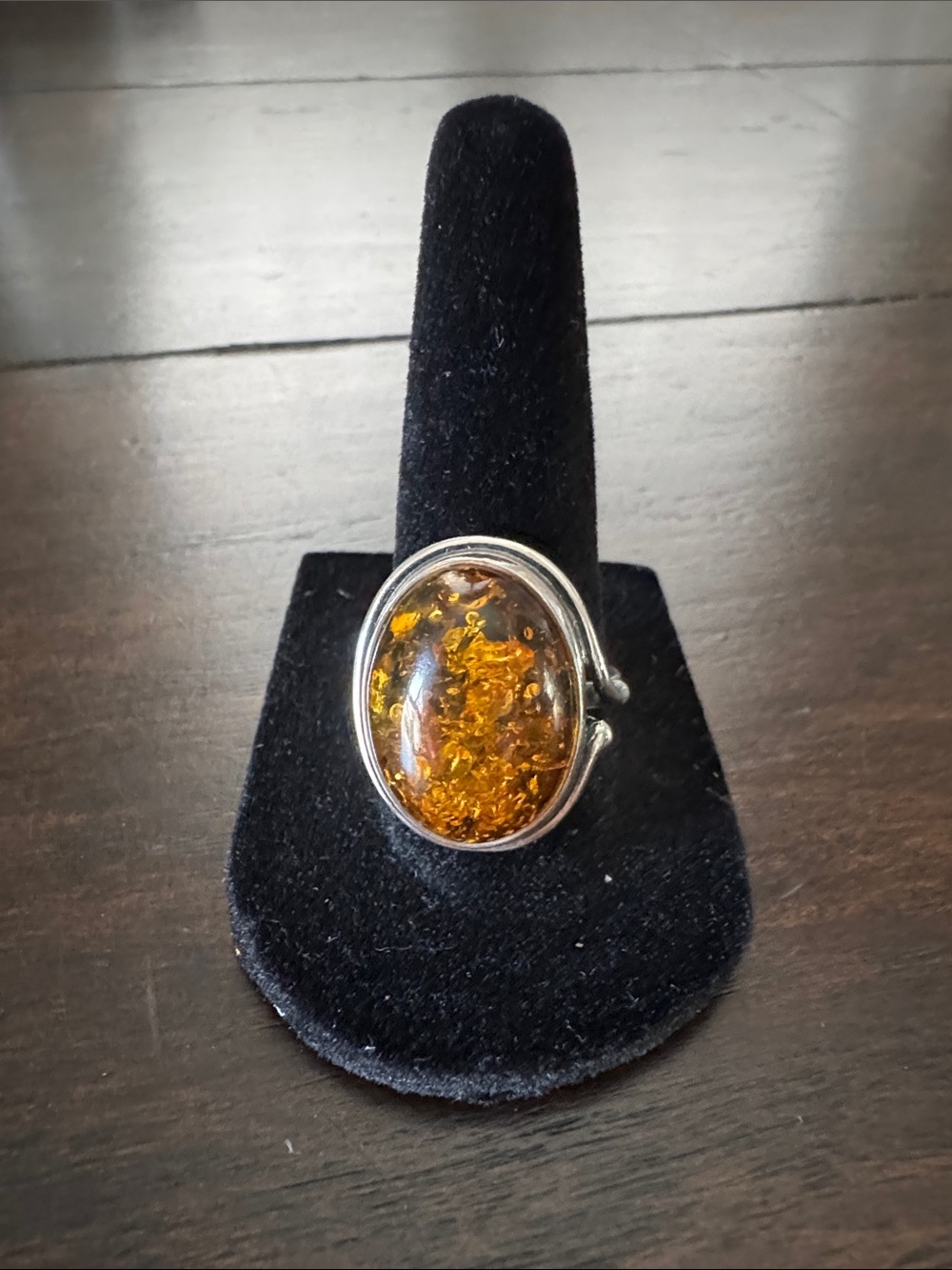Sterling Silver Amber Oval Ring - Honey Amber Size 7 1/2